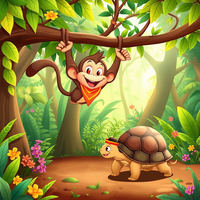 A whimsical cartoon depicting a lively monkey swinging playfully from tree branches alongside a friendly tortoise slowly walking on the ground below