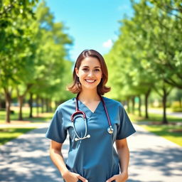 A female nurse in a professional and stylish nurse outfit, complete with scrubs, a stethoscope around her neck, and a bright smile