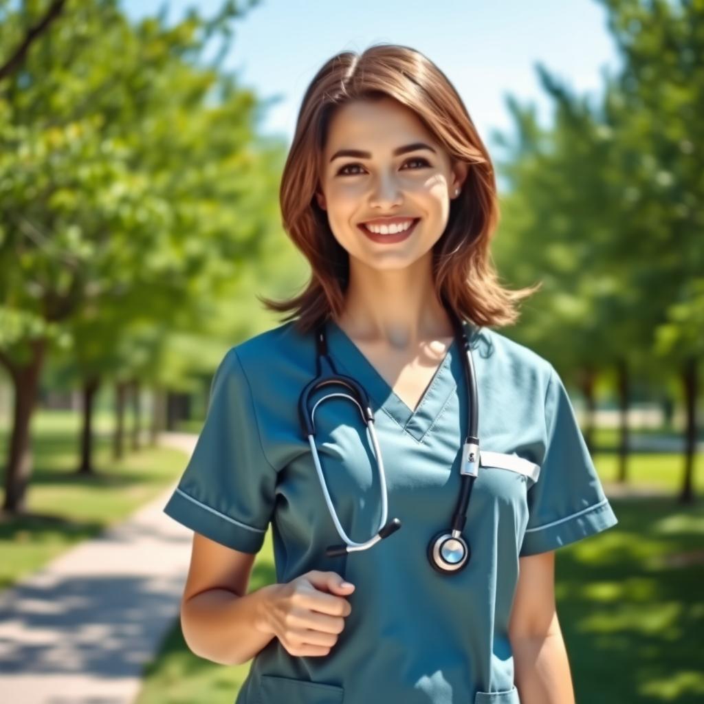 A female nurse in a professional and stylish nurse outfit, complete with scrubs, a stethoscope around her neck, and a bright smile