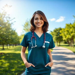 A female nurse in a professional and stylish nurse outfit, complete with scrubs, a stethoscope around her neck, and a bright smile