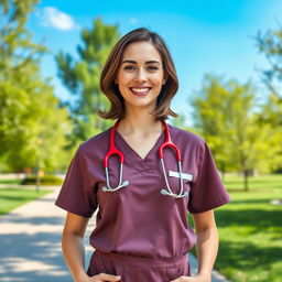 A female nurse in a professional and stylish nurse outfit, complete with scrubs, a stethoscope around her neck, and a bright smile