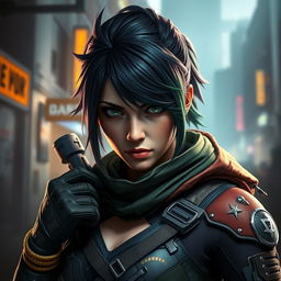 A captivating and artistic representation of Ela from Rainbow Six Siege, reimagined in a bold and stylish way with an emphasis on her distinctive hairstyle, tactical gear, and unique personality