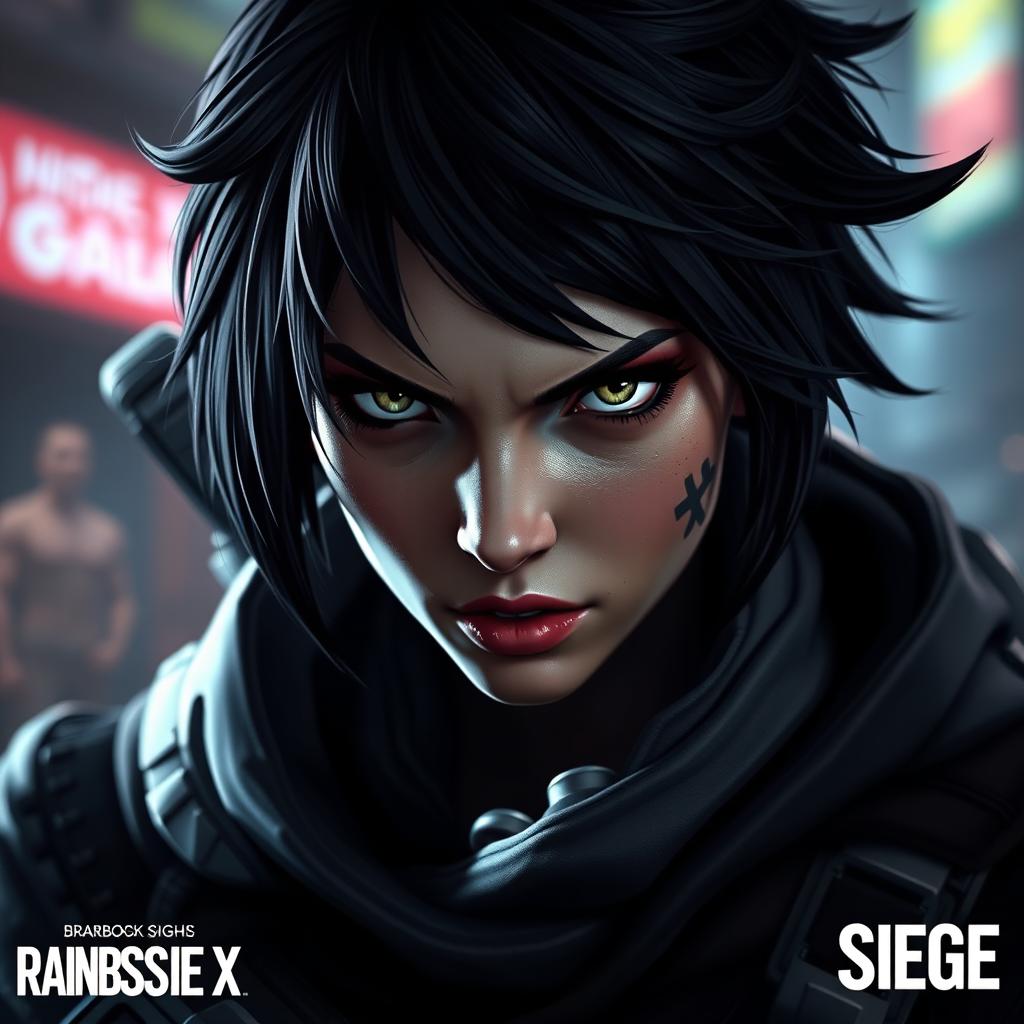 A captivating and artistic representation of Ela from Rainbow Six Siege, reimagined in a bold and stylish way with an emphasis on her distinctive hairstyle, tactical gear, and unique personality