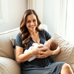 A mature woman with an inviting smile, sitting comfortably in a cozy, softly lit room, cradling her baby in her arms while breastfeeding