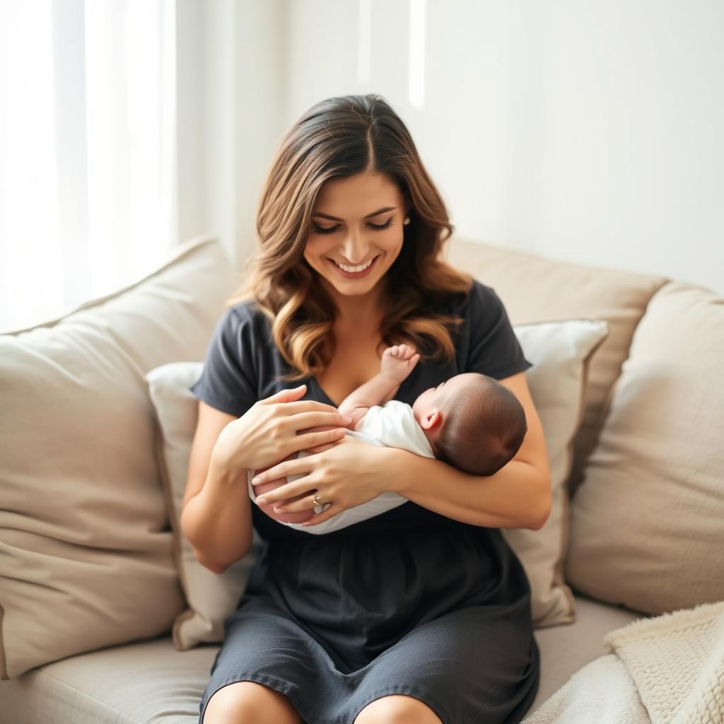 A mature woman with an inviting smile, sitting comfortably in a cozy, softly lit room, cradling her baby in her arms while breastfeeding