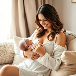 A mature woman with an inviting smile, sitting comfortably in a cozy, softly lit room, cradling her baby in her arms while breastfeeding