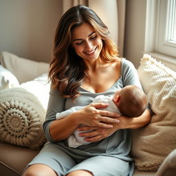 A mature woman with an inviting smile, sitting comfortably in a cozy, softly lit room, cradling her baby in her arms while breastfeeding
