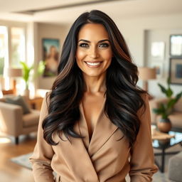 A confident and attractive woman in her 40s, with long flowing dark hair and a stylish outfit, exuding sophistication and allure
