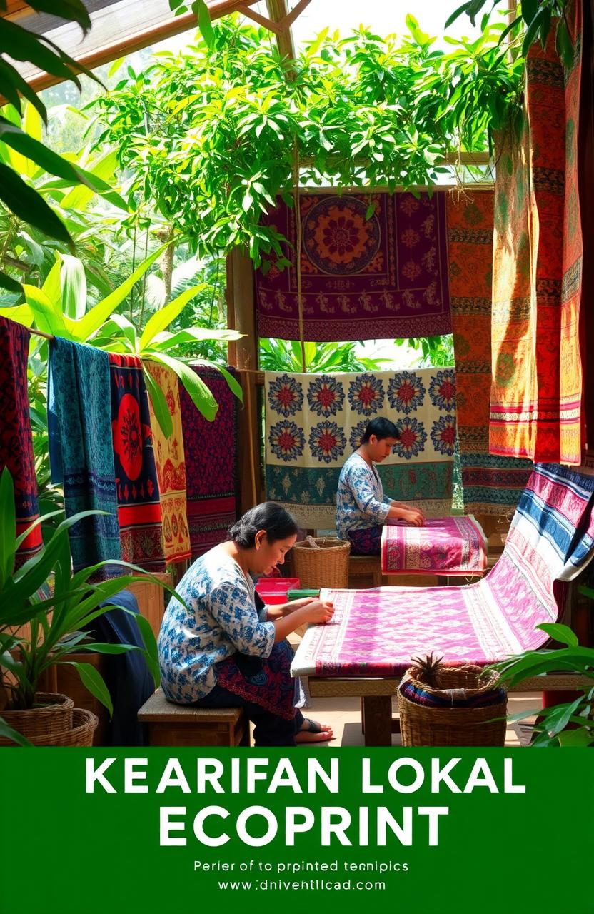 A vibrant depiction of Kearifan Lokal ECOPRINT, showcasing traditional and local ecological printing techniques
