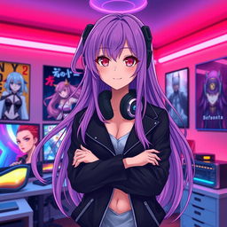 An anime-styled female character with long, flowing purple hair and captivating crimson eyes, dressed in a stylish black jacket