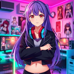 An anime-styled female character with long, flowing purple hair and captivating crimson eyes, dressed in a stylish black jacket