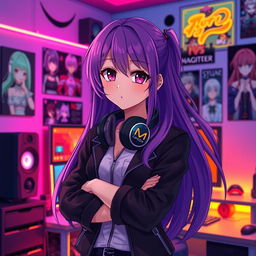 An anime-styled female character with long, flowing purple hair and captivating crimson eyes, dressed in a stylish black jacket