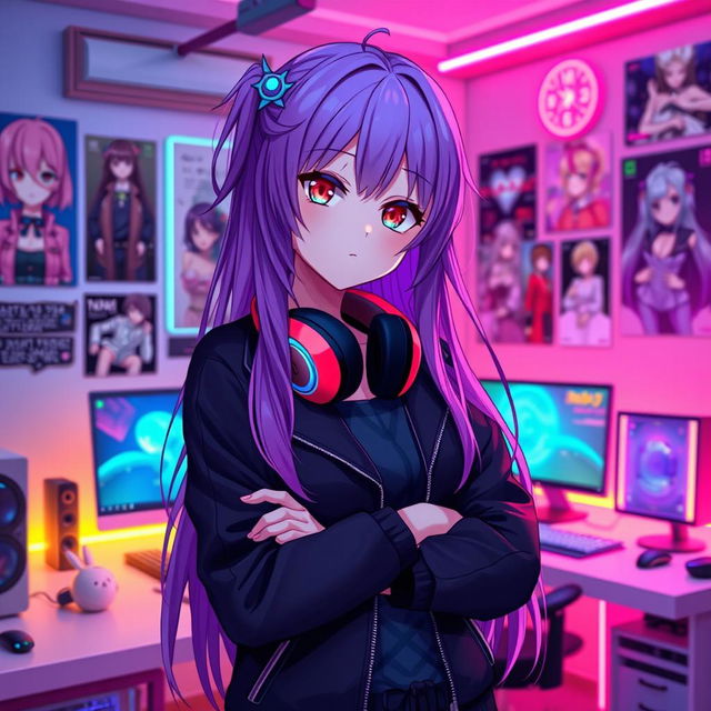 An anime-styled female character with long, flowing purple hair and captivating crimson eyes, dressed in a stylish black jacket