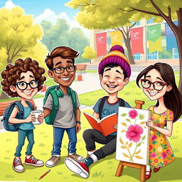 A colorful caricature-style illustration featuring four university students