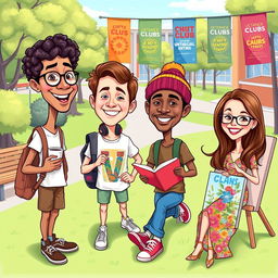 A colorful caricature-style illustration featuring four university students