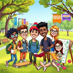 A colorful caricature-style illustration featuring four university students