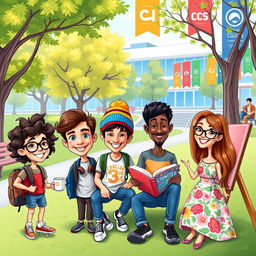 A colorful caricature-style illustration featuring four university students