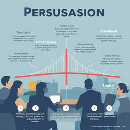 An informative and engaging visual representation of effective persuasion techniques, focusing on key elements such as body language, emotional appeal, active listening, and logical reasoning