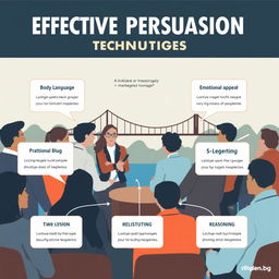 An informative and engaging visual representation of effective persuasion techniques, focusing on key elements such as body language, emotional appeal, active listening, and logical reasoning