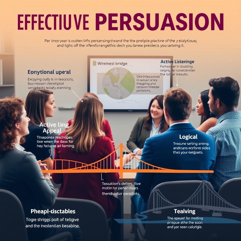 An informative and engaging visual representation of effective persuasion techniques, focusing on key elements such as body language, emotional appeal, active listening, and logical reasoning