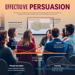 An informative and engaging visual representation of effective persuasion techniques, focusing on key elements such as body language, emotional appeal, active listening, and logical reasoning