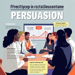 An informative and engaging visual representation of effective persuasion techniques, focusing on key elements such as body language, emotional appeal, active listening, and logical reasoning