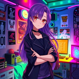 A female character in an anime art style with long, flowing purple hair and striking crimson eyes