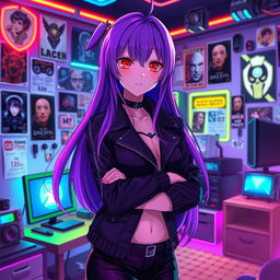 A female character in an anime art style with long, flowing purple hair and striking crimson eyes