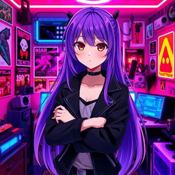 A female character in an anime art style with long, flowing purple hair and striking crimson eyes
