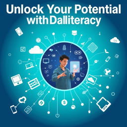 A vibrant poster titled "Unlock Your Potential with Digital Literacy" showcasing the theme of navigating the modern world through technology