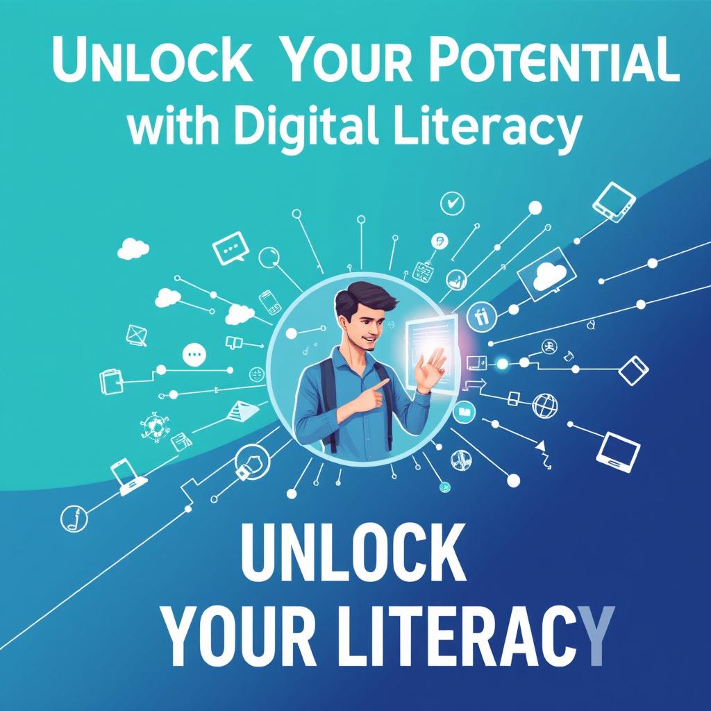 A vibrant poster titled "Unlock Your Potential with Digital Literacy" showcasing the theme of navigating the modern world through technology