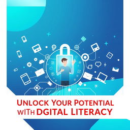 A vibrant poster titled "Unlock Your Potential with Digital Literacy" showcasing the theme of navigating the modern world through technology