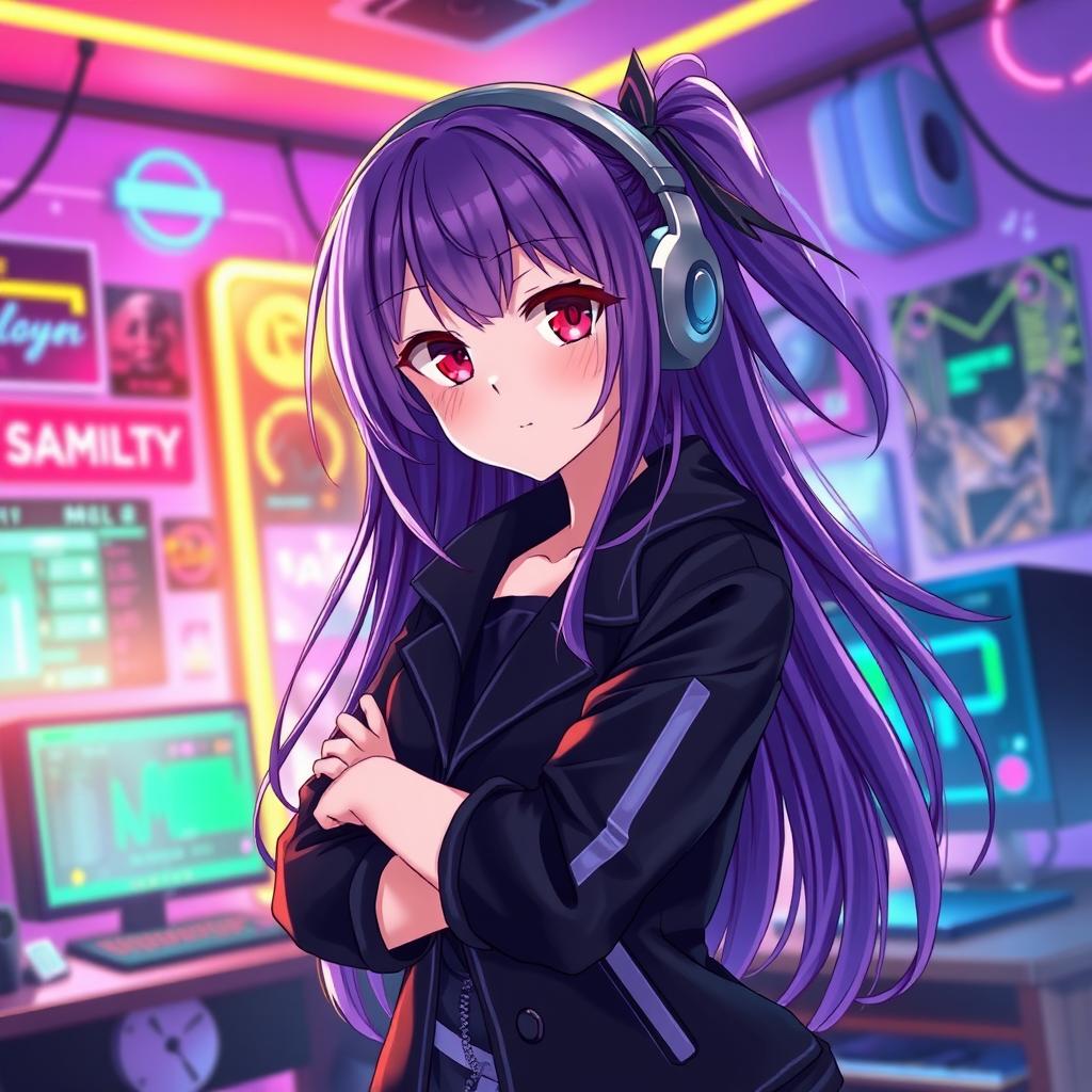 An anime-style illustration of a female character with long, flowing purple hair and striking crimson eyes