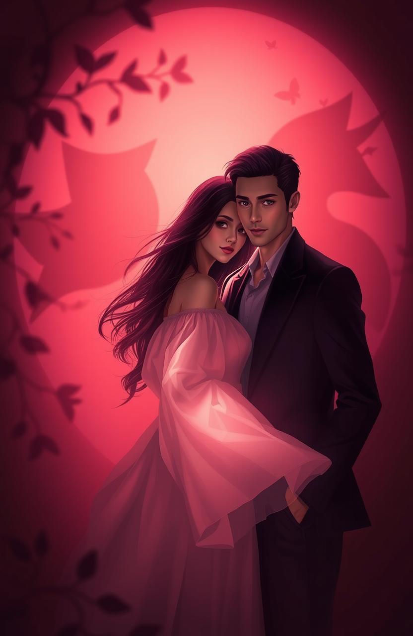 A surreal and romantic scene depicting a couple in a dimly lit environment, surrounded by shadows that evoke a sense of mystery and intimacy