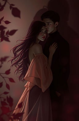 A surreal and romantic scene depicting a couple in a dimly lit environment, surrounded by shadows that evoke a sense of mystery and intimacy