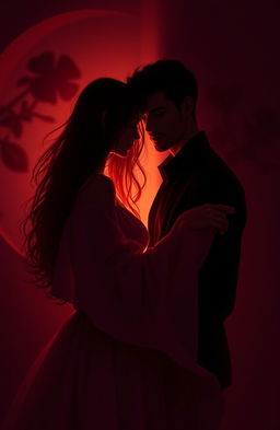 A surreal and romantic scene depicting a couple in a dimly lit environment, surrounded by shadows that evoke a sense of mystery and intimacy