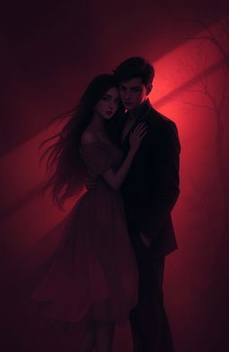 A surreal and romantic scene depicting a couple in a dimly lit environment, surrounded by shadows that evoke a sense of mystery and intimacy