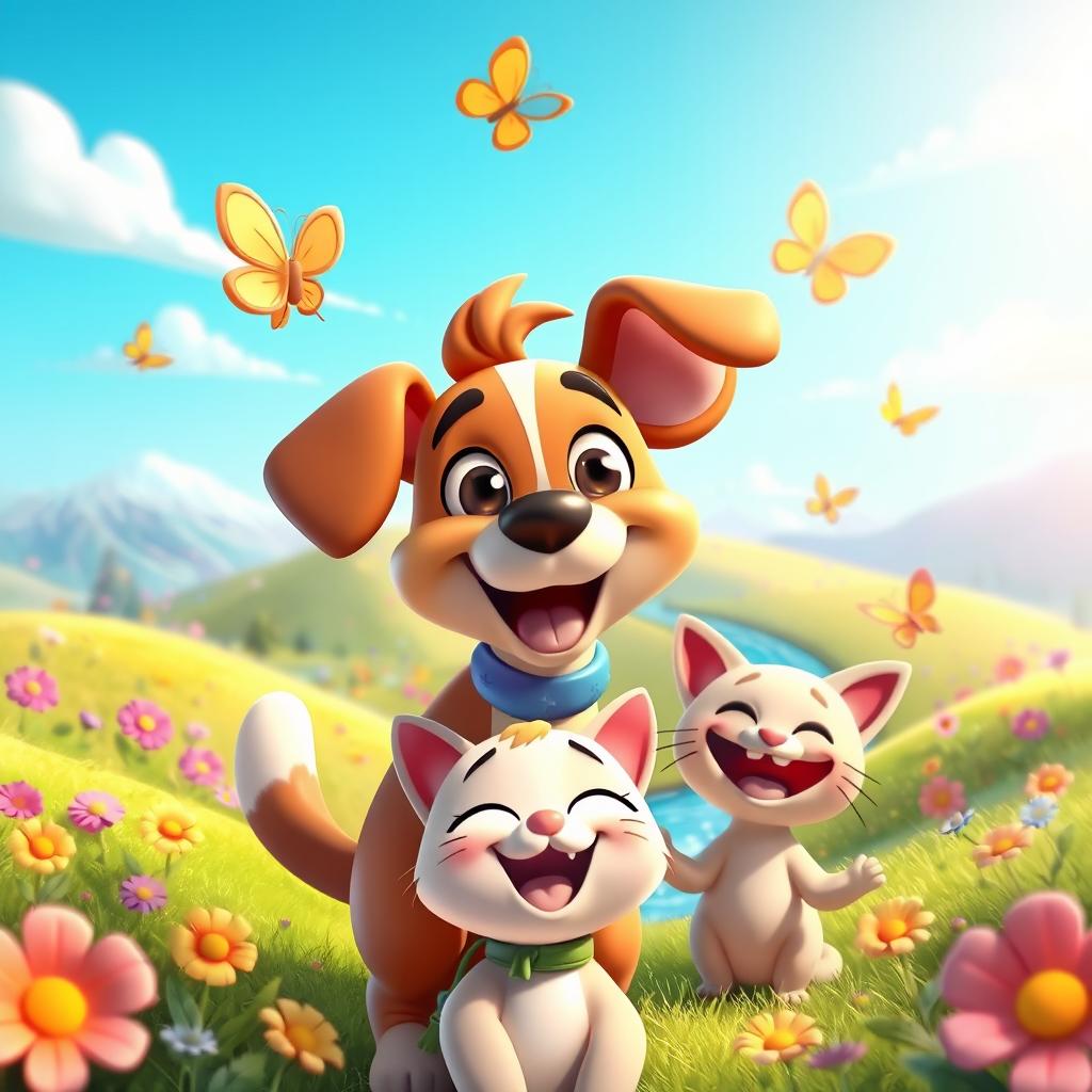 A vibrant and playful 3D cartoon-style illustration featuring a whimsical landscape with rolling hills, colorful flowers, and a bright blue sky