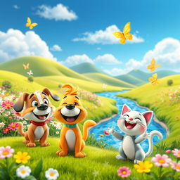 A vibrant and playful 3D cartoon-style illustration featuring a whimsical landscape with rolling hills, colorful flowers, and a bright blue sky