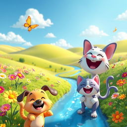 A vibrant and playful 3D cartoon-style illustration featuring a whimsical landscape with rolling hills, colorful flowers, and a bright blue sky