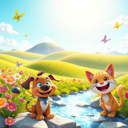 A vibrant and playful 3D cartoon-style illustration featuring a whimsical landscape with rolling hills, colorful flowers, and a bright blue sky