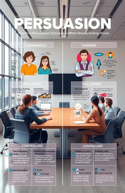 A detailed visual guide illustrating effective persuasion techniques for different personality types: charismatics, thinkers, skeptics, followers, and controllers