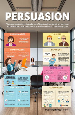 A detailed visual guide illustrating effective persuasion techniques for different personality types: charismatics, thinkers, skeptics, followers, and controllers