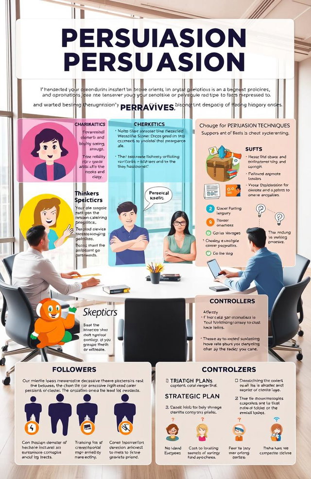 A detailed visual guide illustrating effective persuasion techniques for different personality types: charismatics, thinkers, skeptics, followers, and controllers