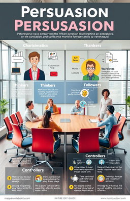 A detailed visual guide illustrating effective persuasion techniques for different personality types: charismatics, thinkers, skeptics, followers, and controllers
