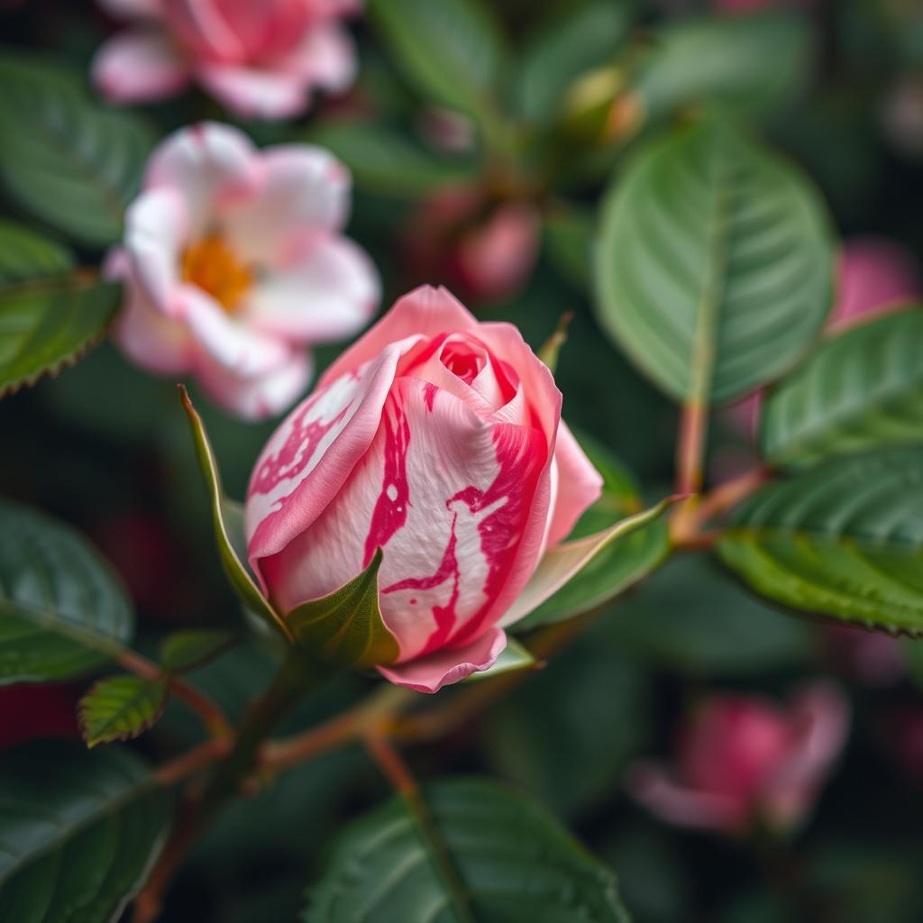 A close-up of a vibrant pink rosebud on a lush green rose bush, featuring a striking mix of pink and white in a marbled pattern