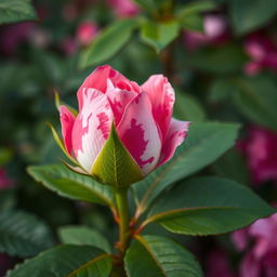 A close-up of a vibrant pink rosebud on a lush green rose bush, featuring a striking mix of pink and white in a marbled pattern