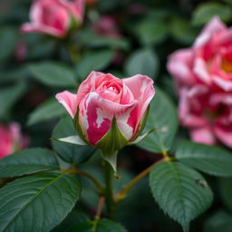 A close-up of a vibrant pink rosebud on a lush green rose bush, featuring a striking mix of pink and white in a marbled pattern