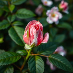 A close-up of a vibrant pink rosebud on a lush green rose bush, featuring a striking mix of pink and white in a marbled pattern