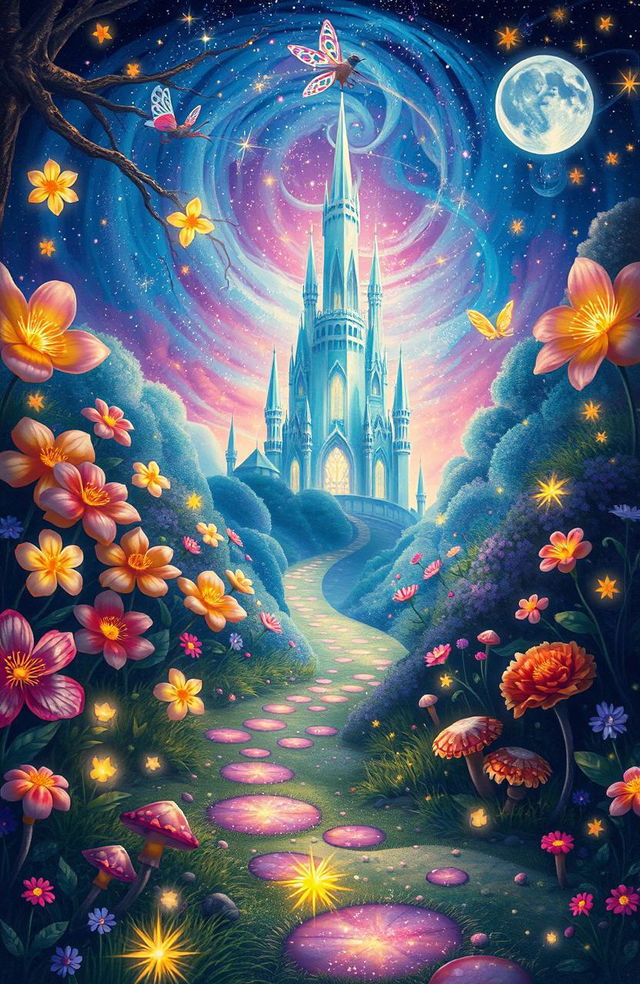 An enchanting fantasy illustration depicting a mystical scene from a fairytale, featuring a magical forest with vibrant colors, oversized flowers, glowing fireflies, and enchanted creatures